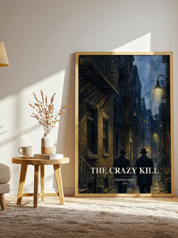 The Crazy Kill watercolour print in frame leaning in hallway – crime wall art