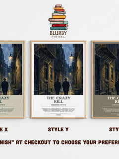 The Crazy Kill bookish print in frame leaning in hallway – crime wall art