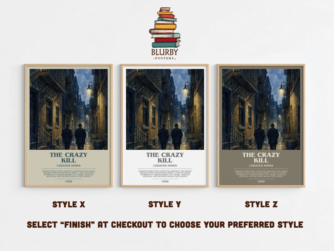 The Crazy Kill bookish print in frame leaning in hallway – crime wall art (mockup)