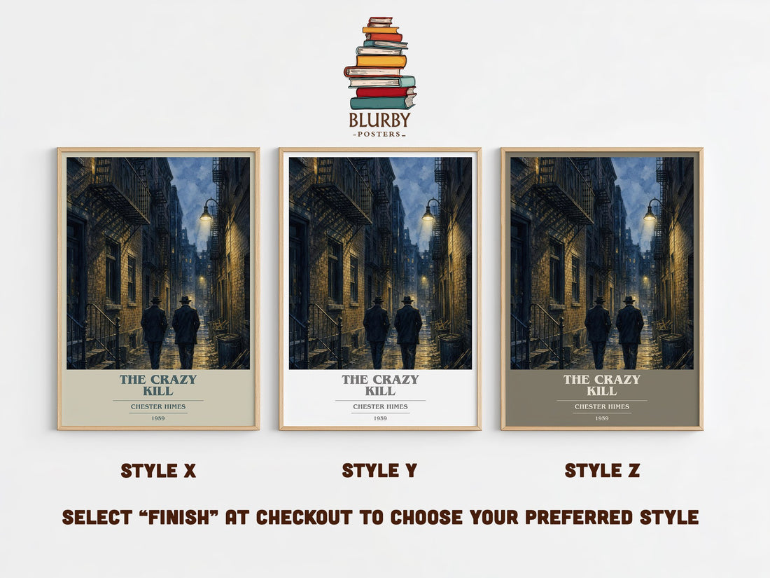 The Crazy Kill book cover print in frame leaning in hallway – crime wall art (mockup)
