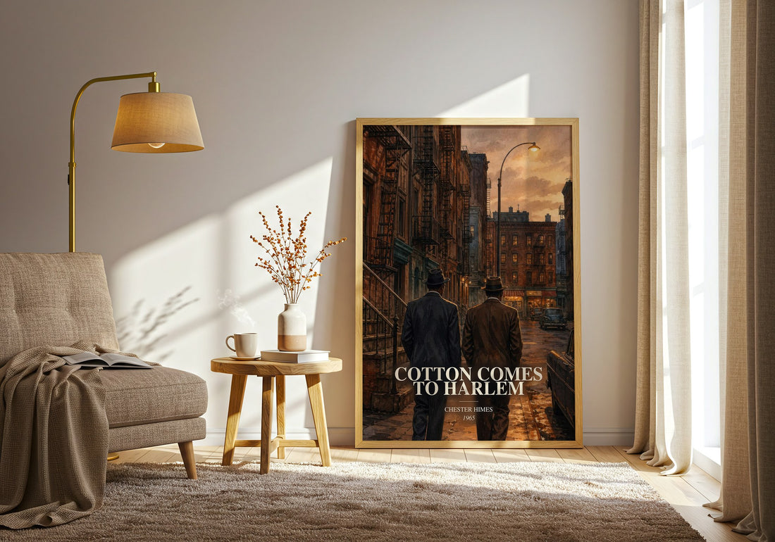 Cotton Comes to Harlem watercolour print in frame leaning in hallway – crime wall art (mockup)