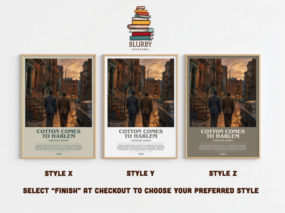 Cotton Comes to Harlem bookish print in frame leaning in hallway – crime wall art (mockup)