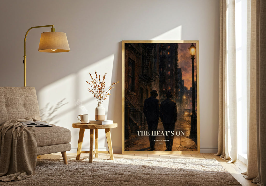 The Heat's On watercolour print in frame leaning in hallway – crime wall art (mockup)