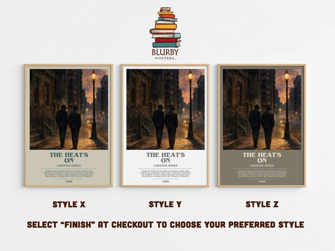 The Heat's On bookish print in frame leaning in hallway – crime wall art (mockup)