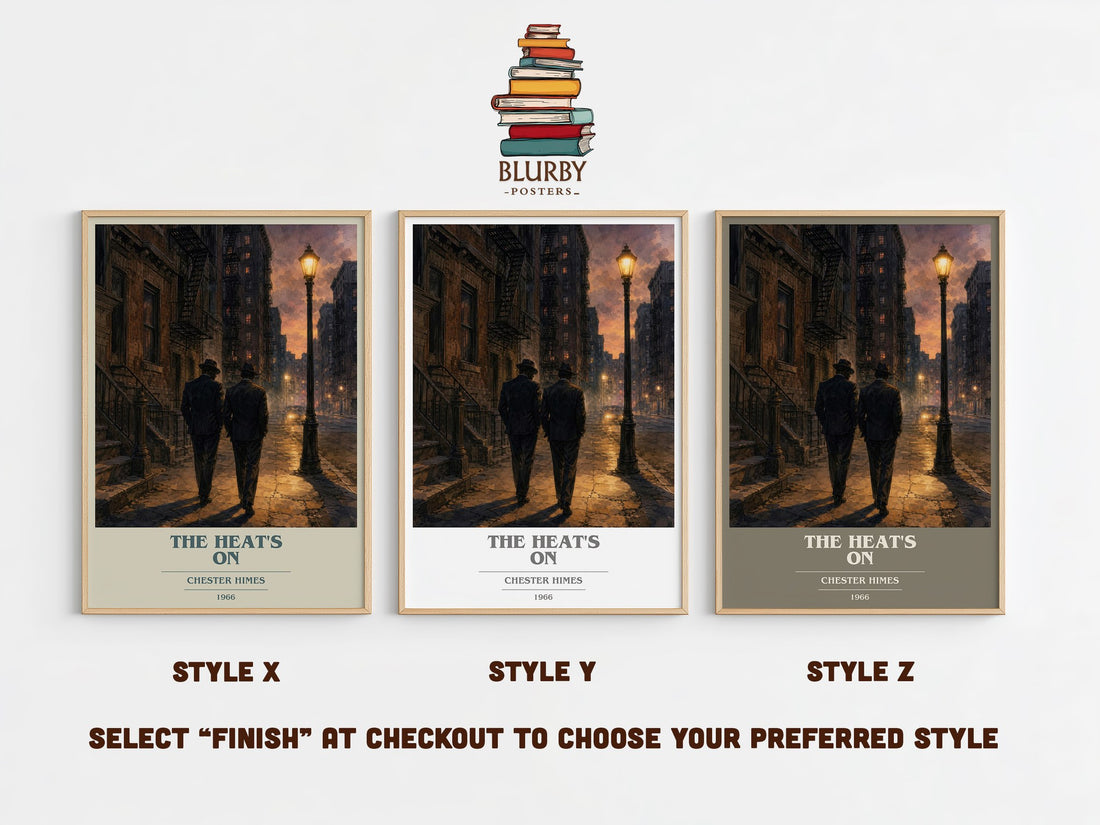 The Heat's On book cover print in frame leaning in hallway – crime wall art (mockup)