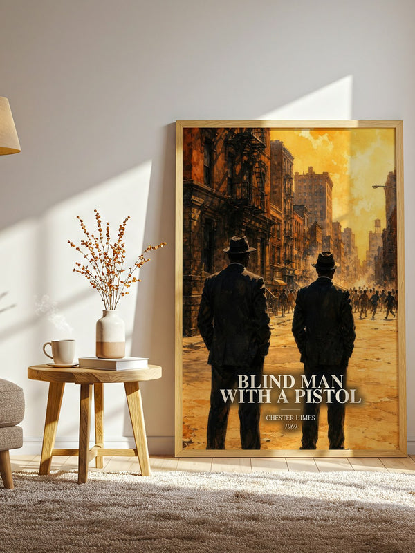 Blind Man with a Pistol watercolour print in frame leaning in hallway – crime wall art