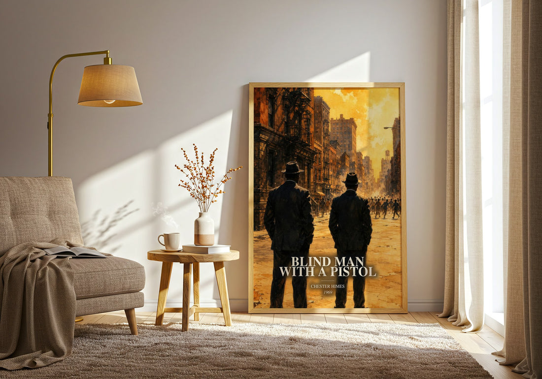 Blind Man with a Pistol watercolour print in frame leaning in hallway – crime wall art (mockup)