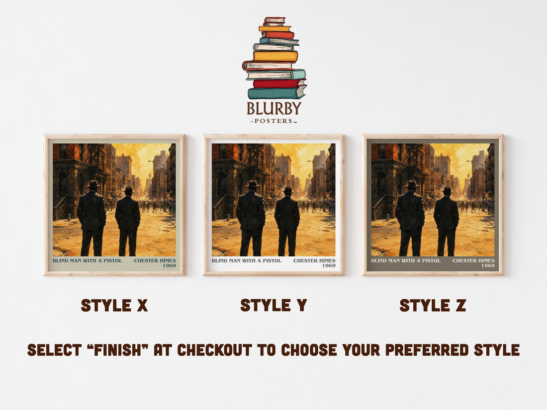 Blind Man with a Pistol literary print in frame leaning in hallway – crime wall art (mockup)