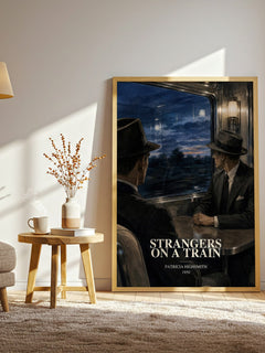 Strangers on a Train watercolour print in frame leaning in hallway – crime wall art