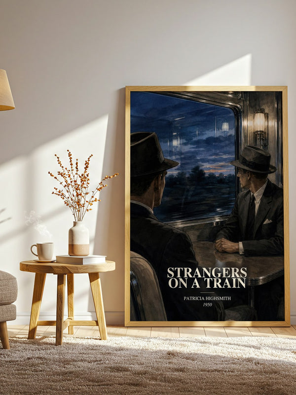Strangers on a Train watercolour print in frame leaning in hallway – crime wall art