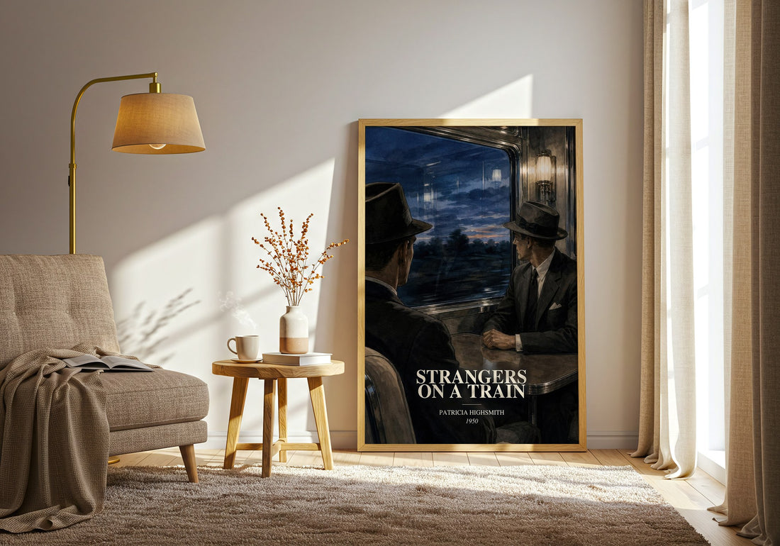 Strangers on a Train watercolour print in frame leaning in hallway – crime wall art (mockup)