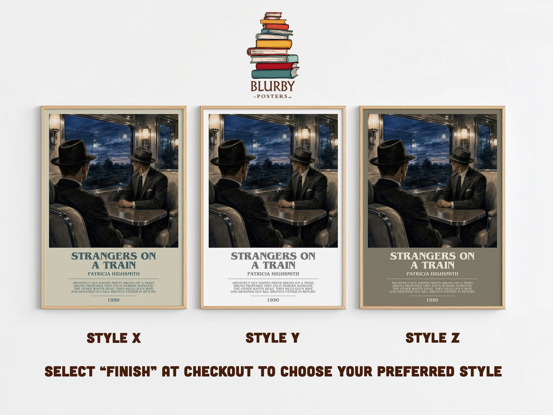 Strangers on a Train bookish print in frame leaning in hallway – crime wall art (mockup)