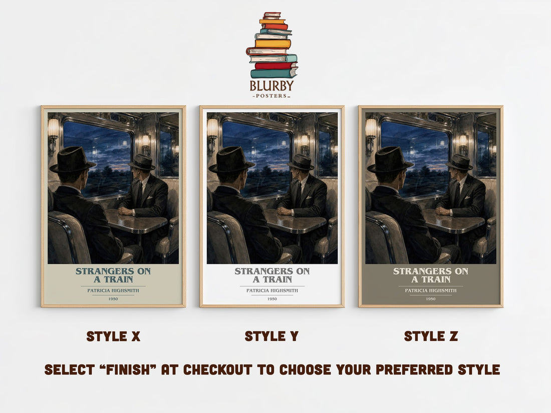 Strangers on a Train book cover print in frame leaning in hallway – crime wall art (mockup)
