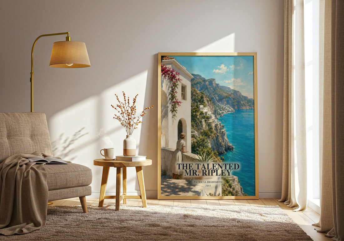 The Talented Mr. Ripley watercolour print in frame leaning in hallway – crime wall art (mockup)
