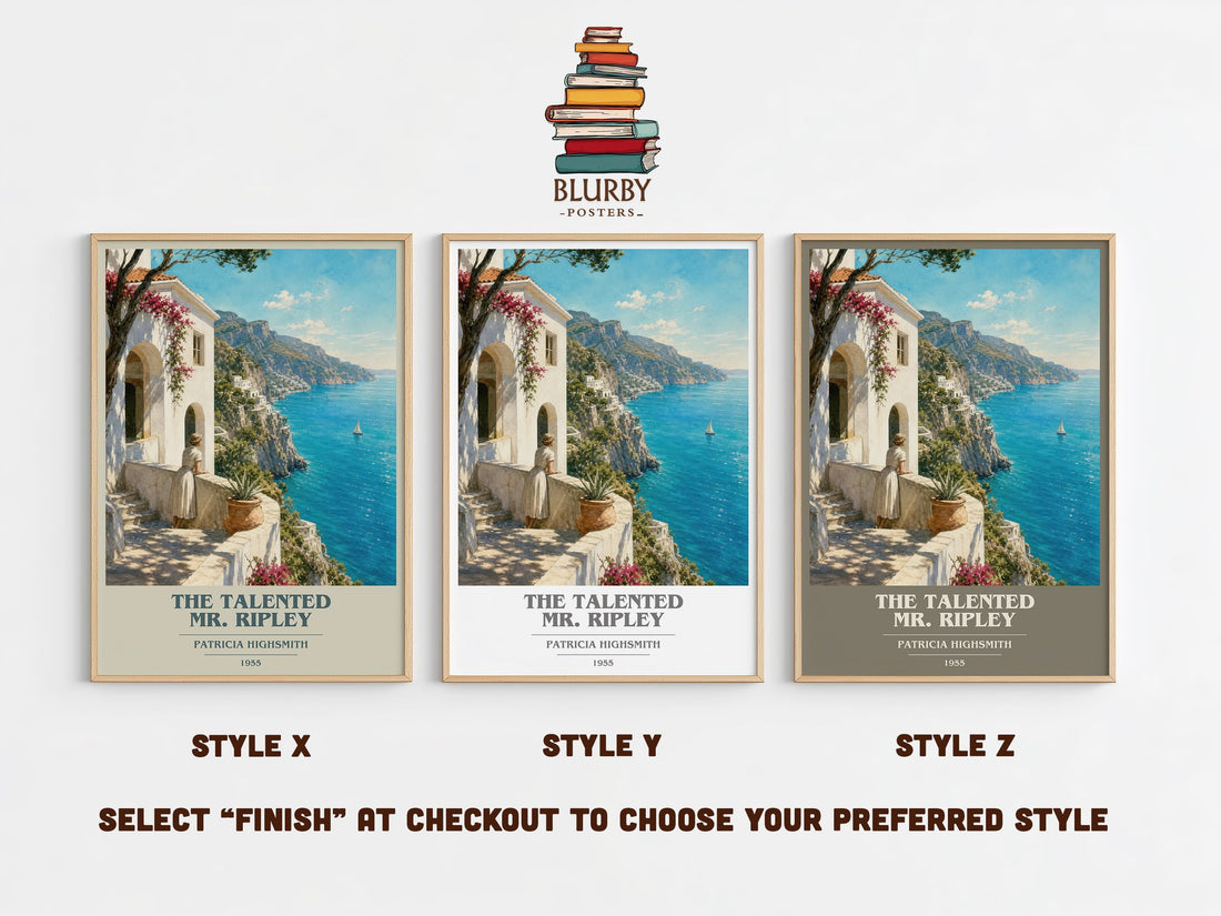 The Talented Mr. Ripley book cover print in frame leaning in hallway – crime wall art (mockup)