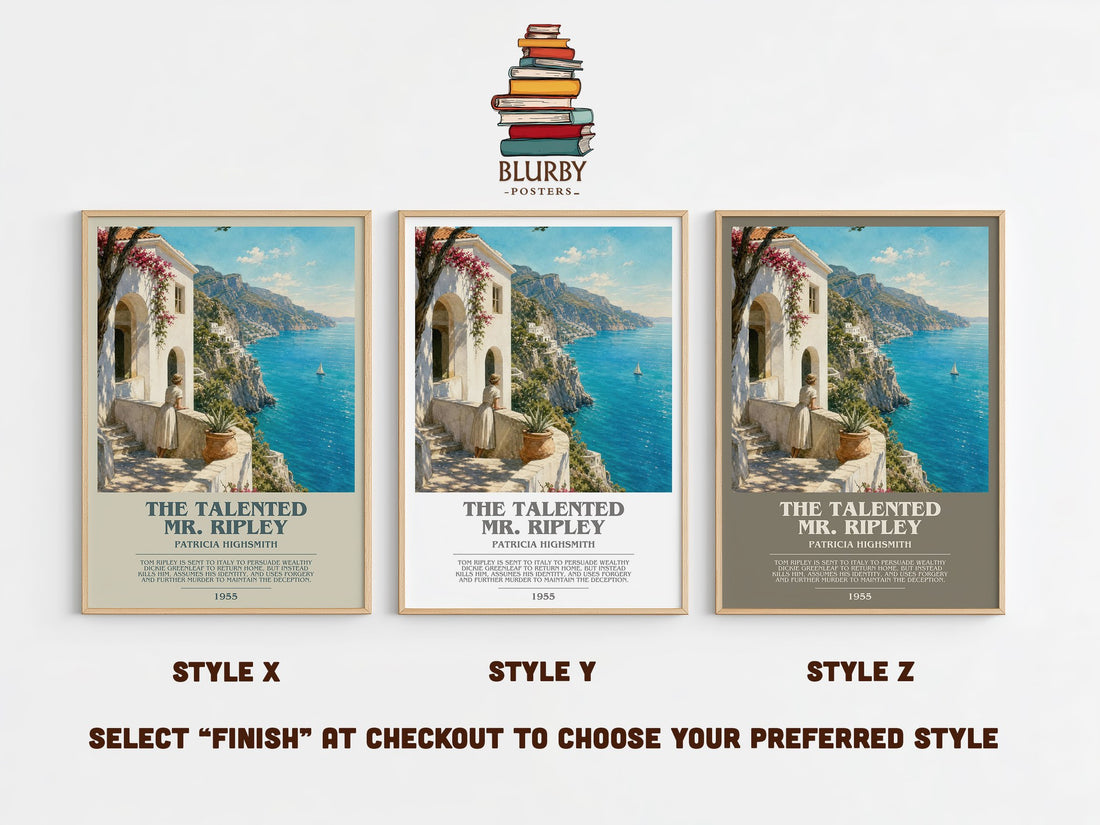 The Talented Mr. Ripley bookish print in frame leaning in hallway – crime wall art (mockup)