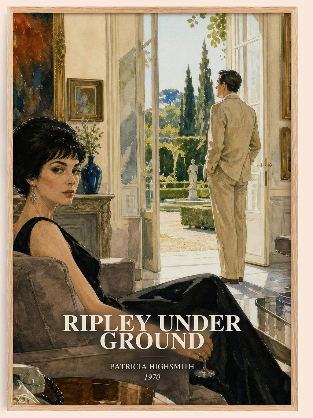 Ripley Under Ground watercolour book poster by Patricia Highsmith – framed literary art print