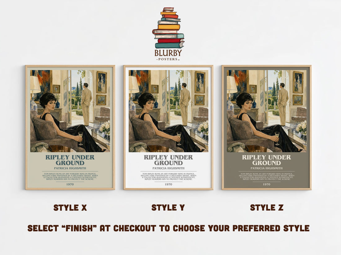 Ripley Under Ground bookish print in frame leaning in hallway – crime wall art (mockup)