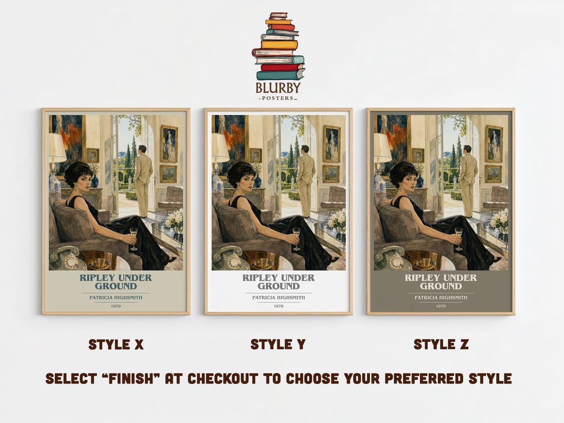 Ripley Under Ground book cover print in frame leaning in hallway – crime wall art (mockup)