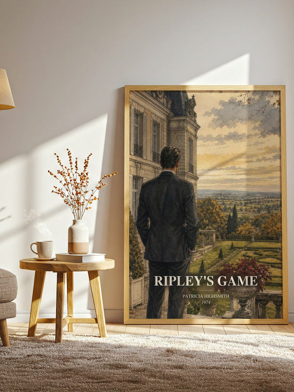 Ripley's Game watercolour print in frame leaning in hallway – crime wall art