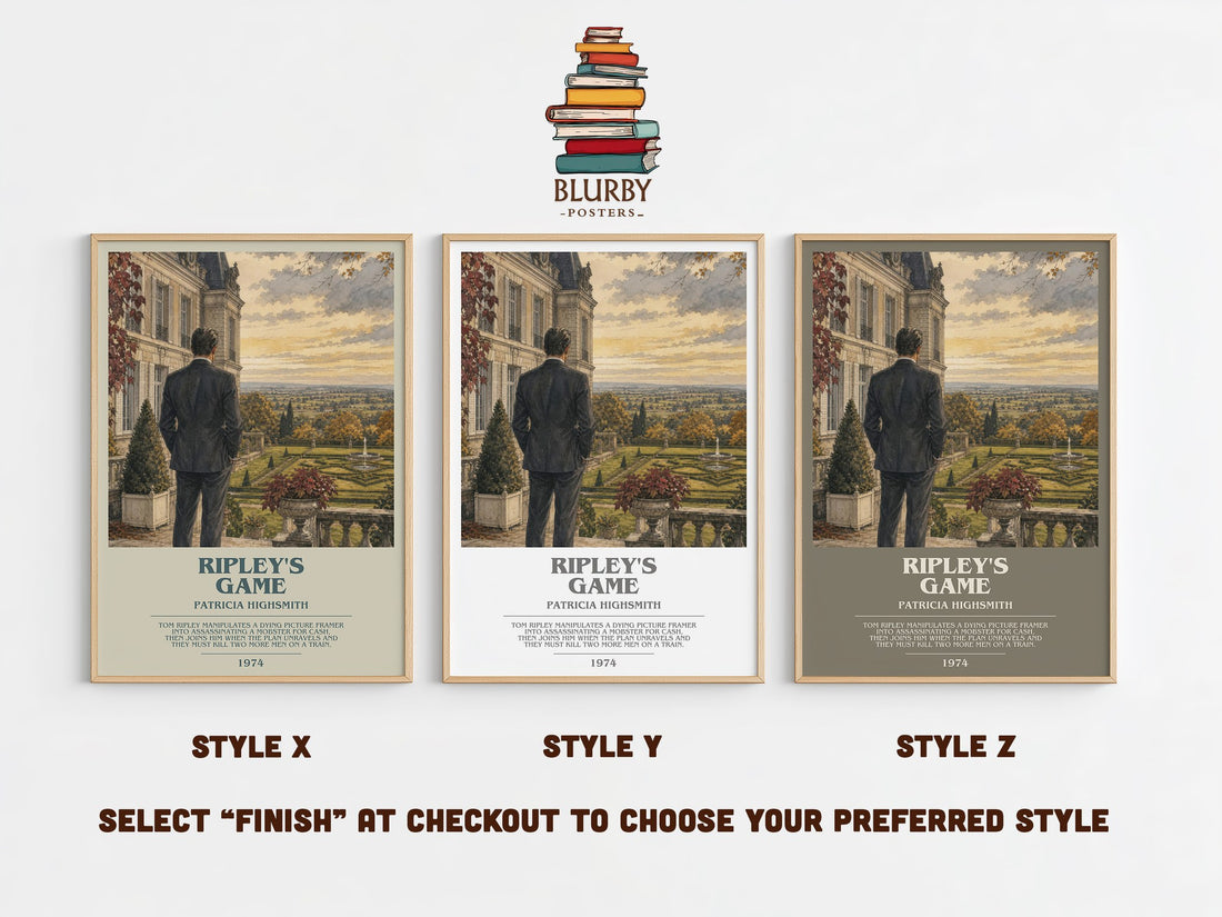 Ripley's Game bookish print in frame leaning in hallway – crime wall art (mockup)