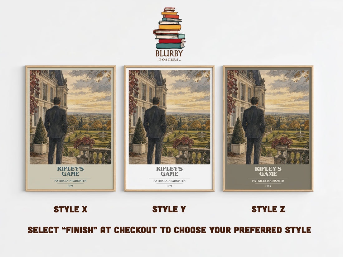Ripley's Game book cover print in frame leaning in hallway – crime wall art (mockup)