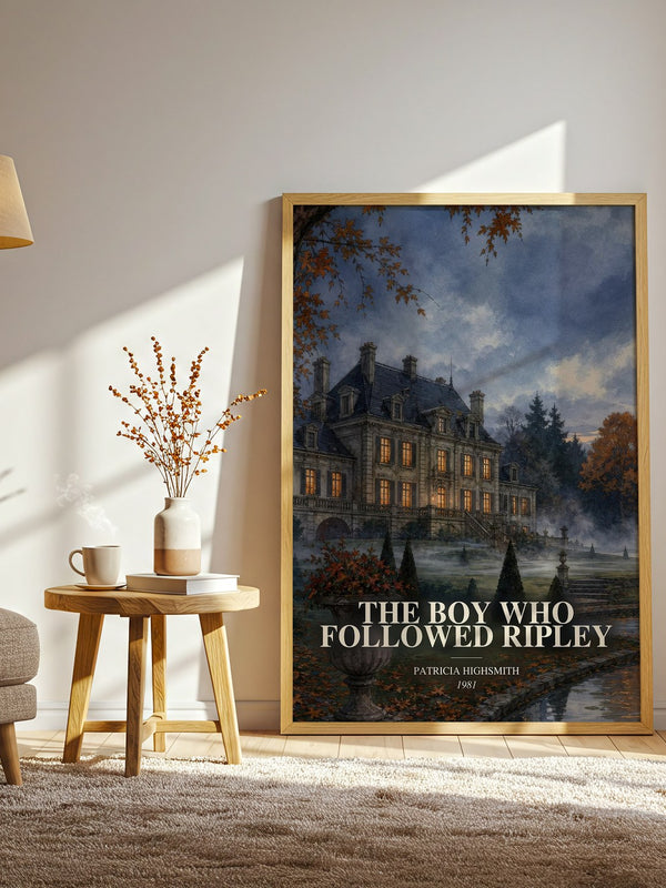 The Boy Who Followed Ripley watercolour print in frame leaning in hallway – crime wall art
