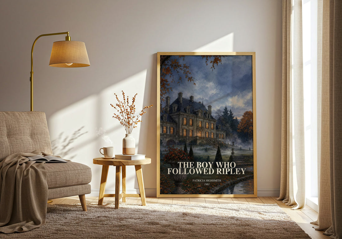 The Boy Who Followed Ripley watercolour print in frame leaning in hallway – crime wall art (mockup)