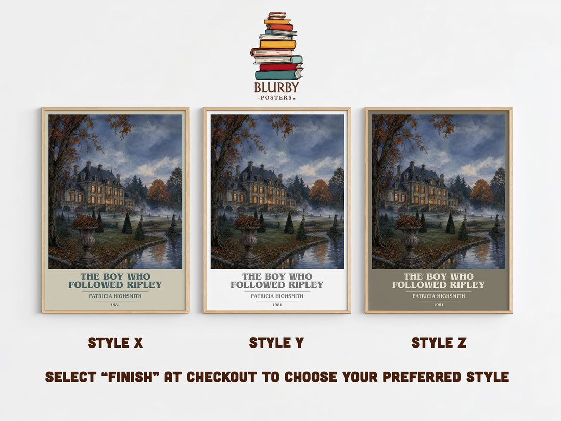 The Boy Who Followed Ripley book cover print in frame leaning in hallway – crime wall art (mockup)