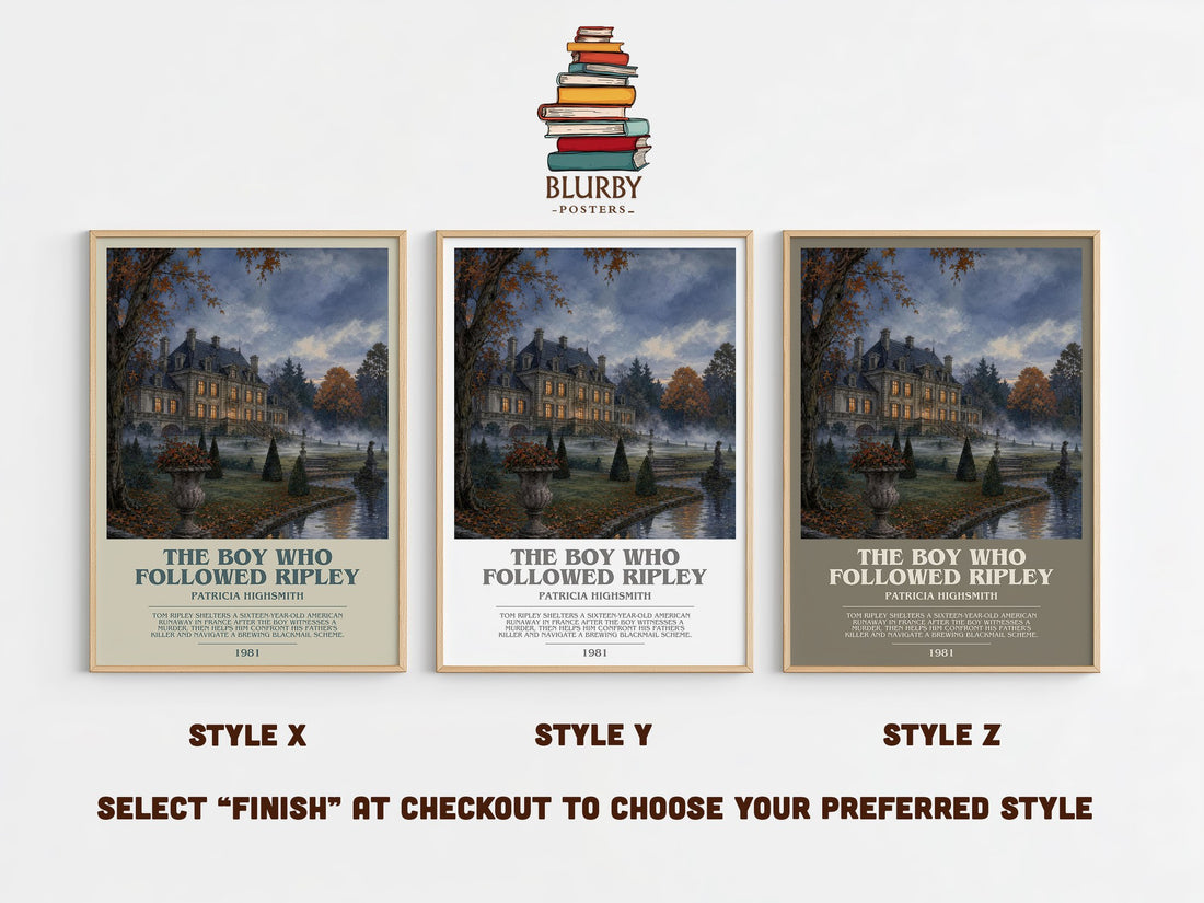 The Boy Who Followed Ripley bookish print in frame leaning in hallway – crime wall art (mockup)