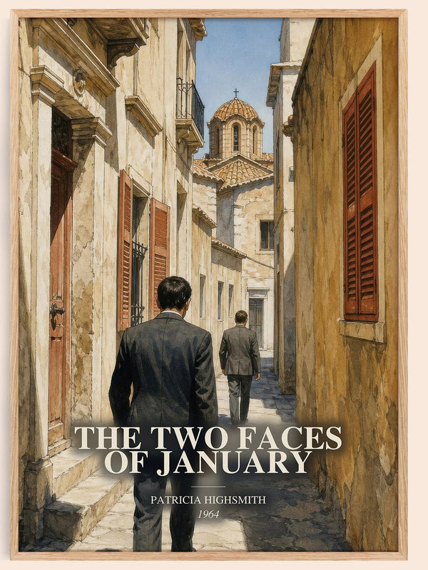 The Two Faces of January watercolour book poster by Patricia Highsmith – framed literary art print
