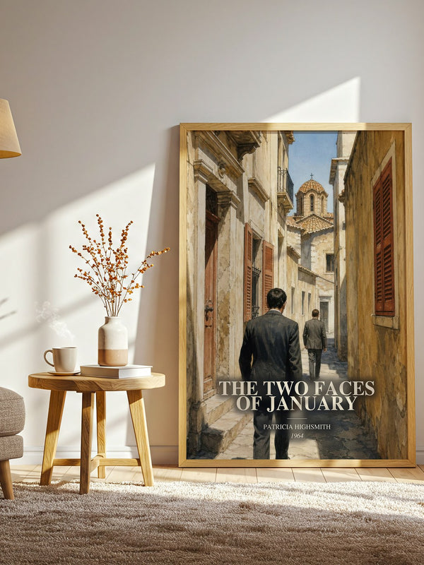 The Two Faces of January watercolour print in frame leaning in hallway – thriller wall art