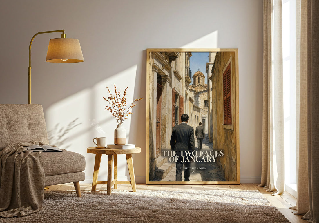 The Two Faces of January watercolour print in frame leaning in hallway – thriller wall art (mockup)