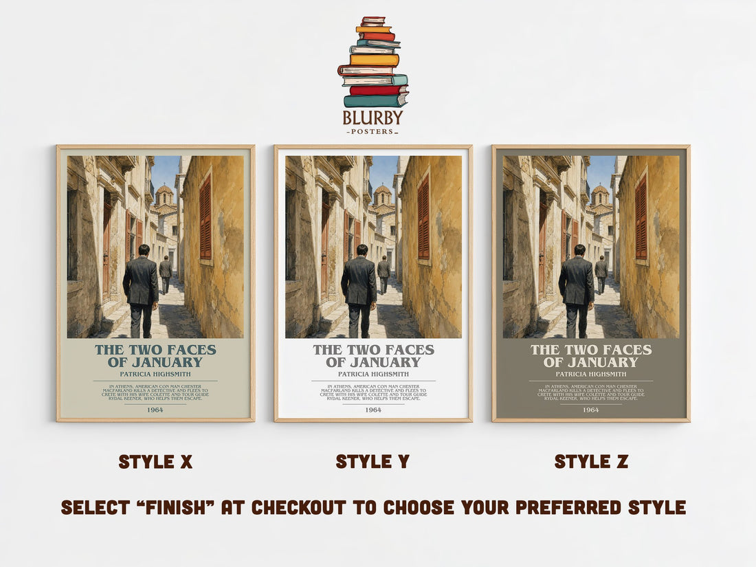 The Two Faces of January bookish print in frame leaning in hallway – thriller wall art (mockup)