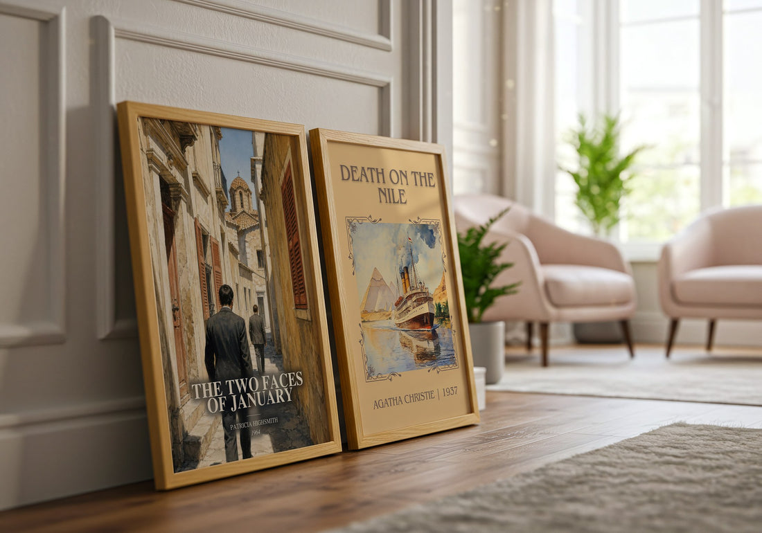 The Two Faces of January watercolour print framed by window – literary home decor