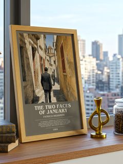 The Two Faces of January bookish print framed by window – literary home decor