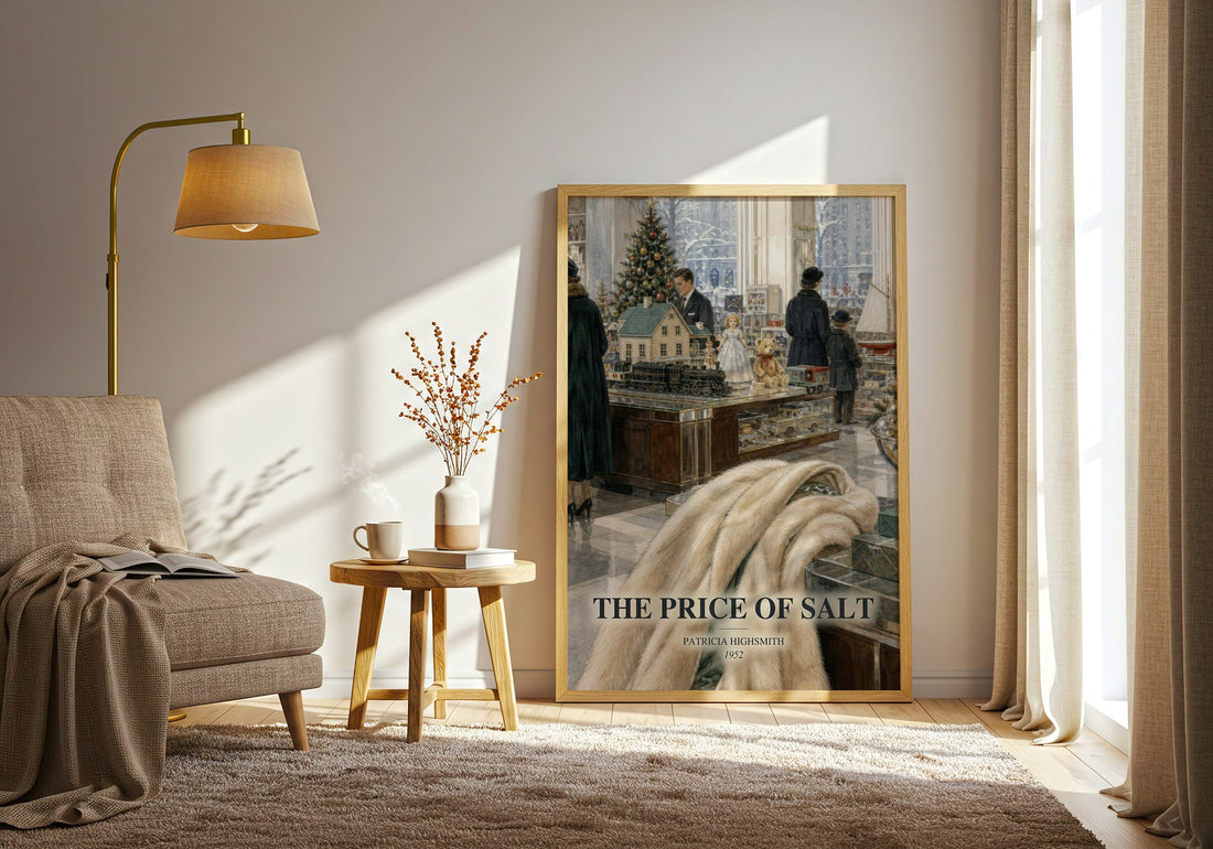 The Price of Salt watercolour print in frame leaning in hallway – romance wall art (mockup)