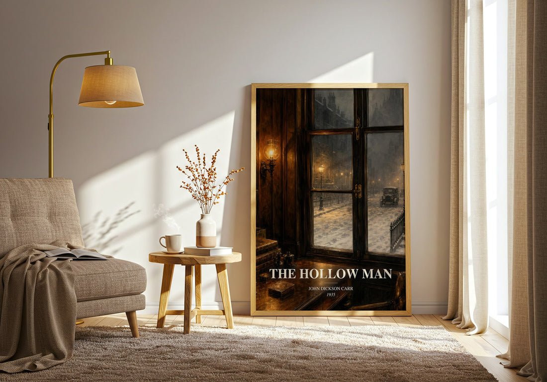 The Hollow Man watercolour print in frame leaning in hallway – mystery wall art (mockup)