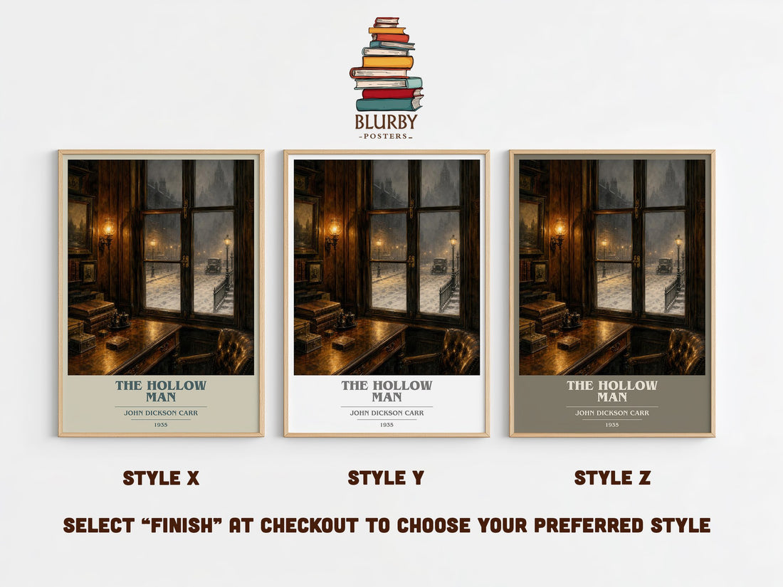 The Hollow Man book cover print in frame leaning in hallway – mystery wall art (mockup)