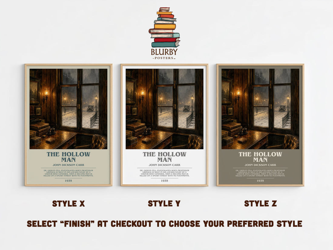 The Hollow Man bookish print in frame leaning in hallway – mystery wall art (mockup)