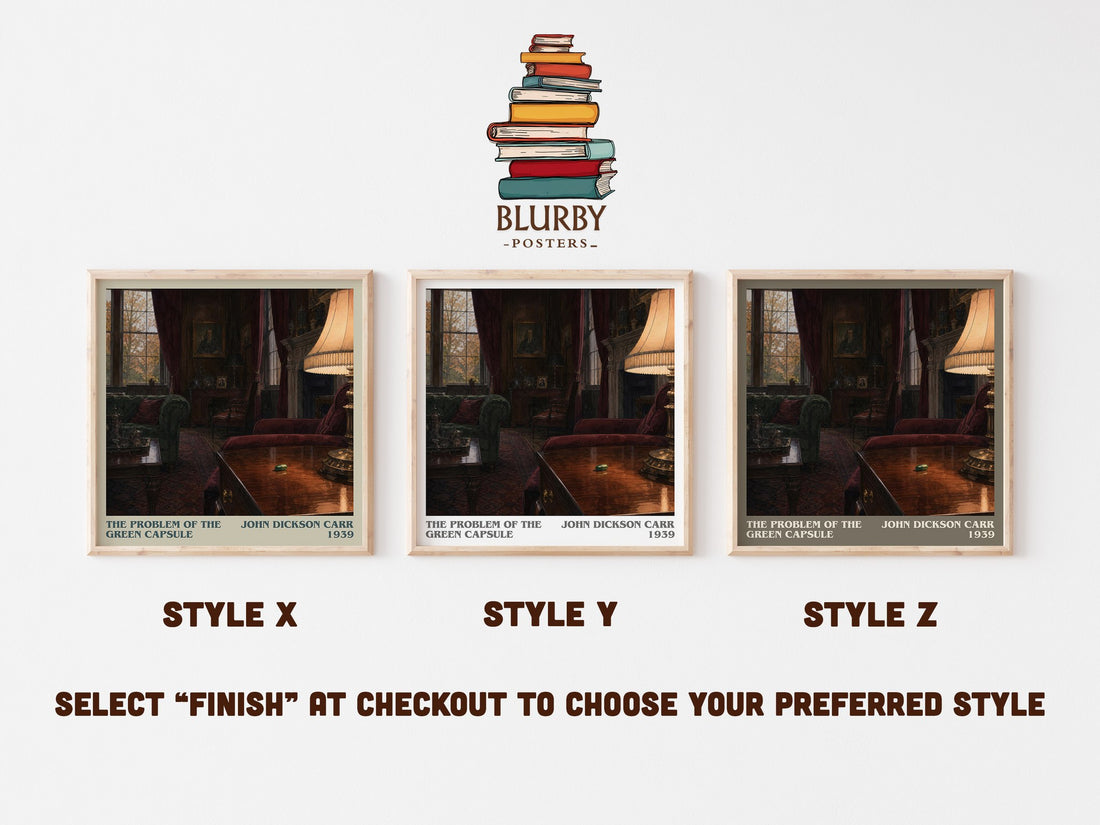 The Problem of the Green Capsule literary print in frame leaning in hallway – mystery wall art (mockup)
