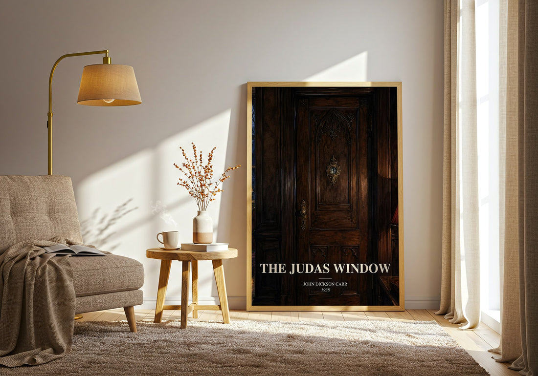 The Judas Window watercolour print in frame leaning in hallway – mystery wall art (mockup)