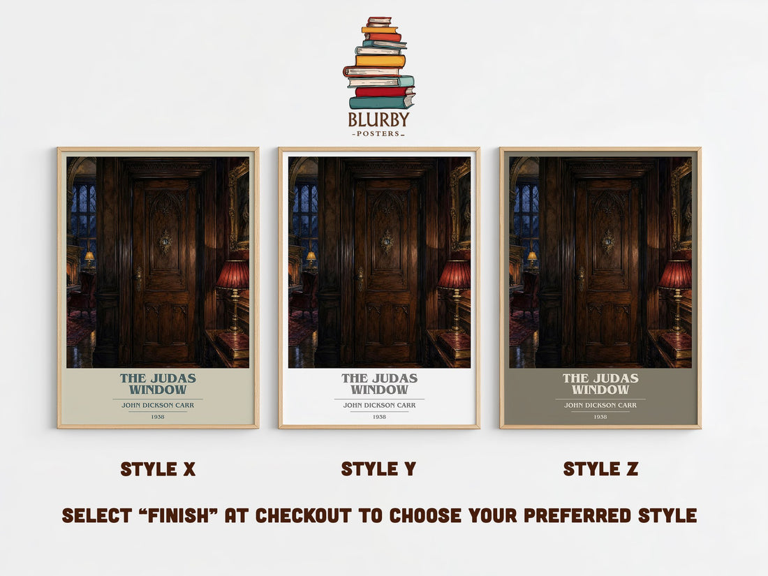 The Judas Window book cover print in frame leaning in hallway – mystery wall art (mockup)
