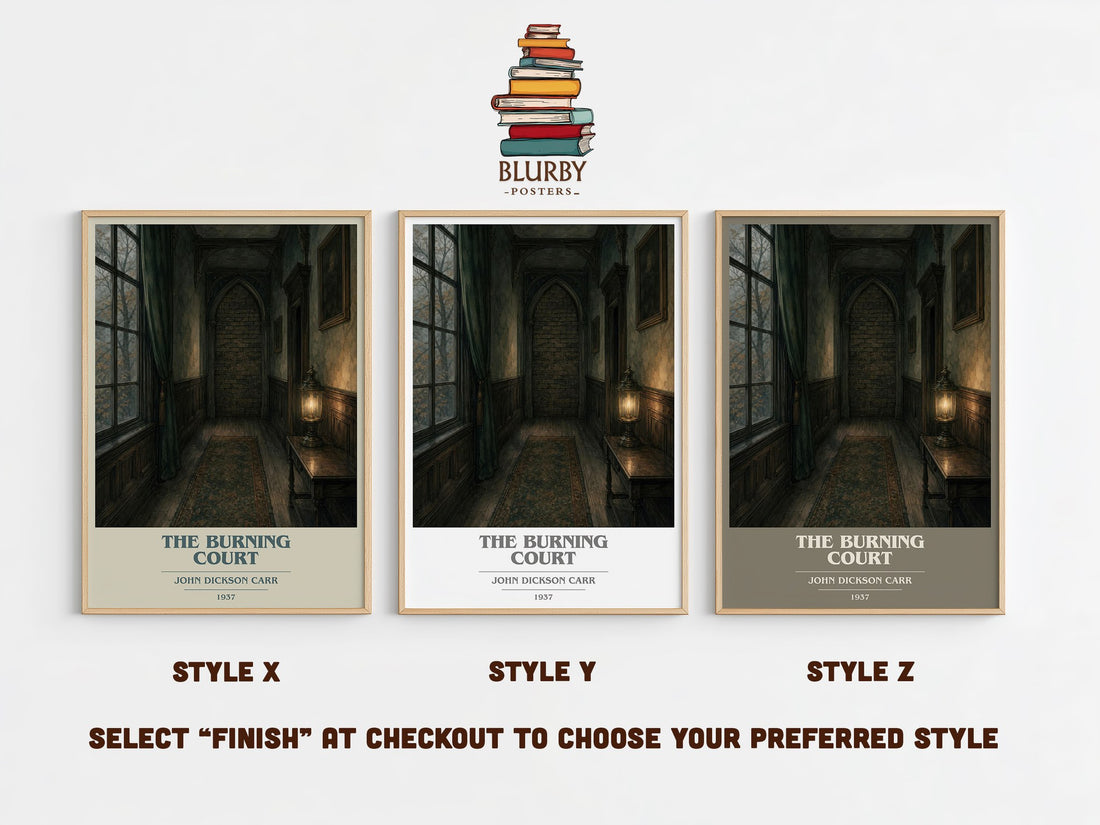 The Burning Court book cover print in frame leaning in hallway – mystery wall art (mockup)