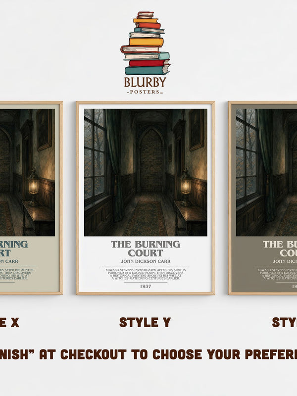The Burning Court bookish print in frame leaning in hallway – mystery wall art