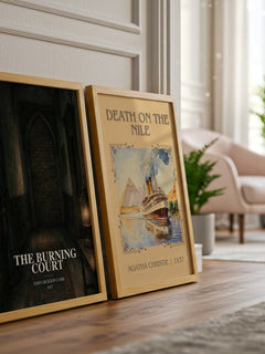 The Burning Court watercolour print framed by window – literary home decor