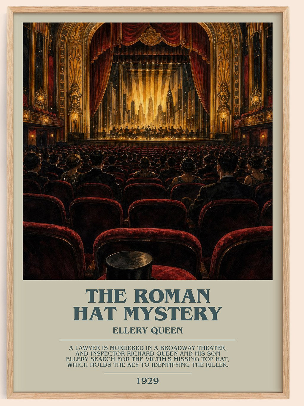 The Roman Hat Mystery bookish book poster by Ellery Queen – framed literary art print