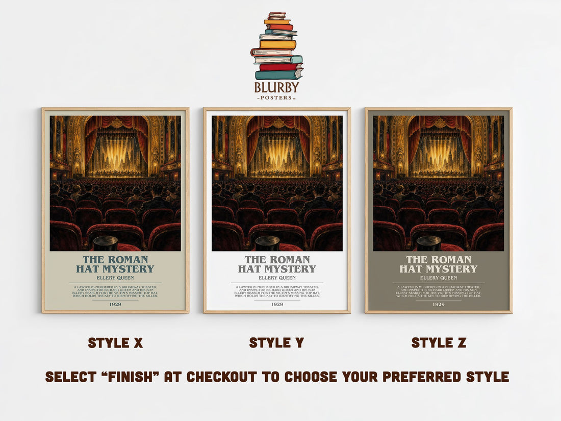 The Roman Hat Mystery bookish print in frame leaning in hallway – mystery wall art (mockup)