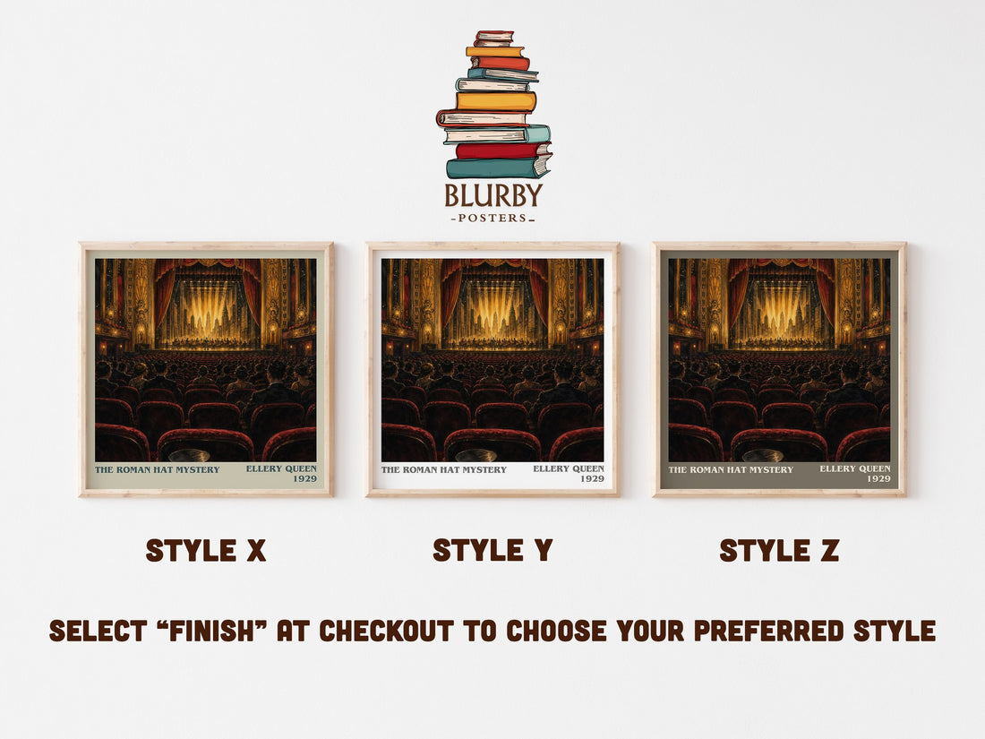 The Roman Hat Mystery literary print in frame leaning in hallway – mystery wall art (mockup)
