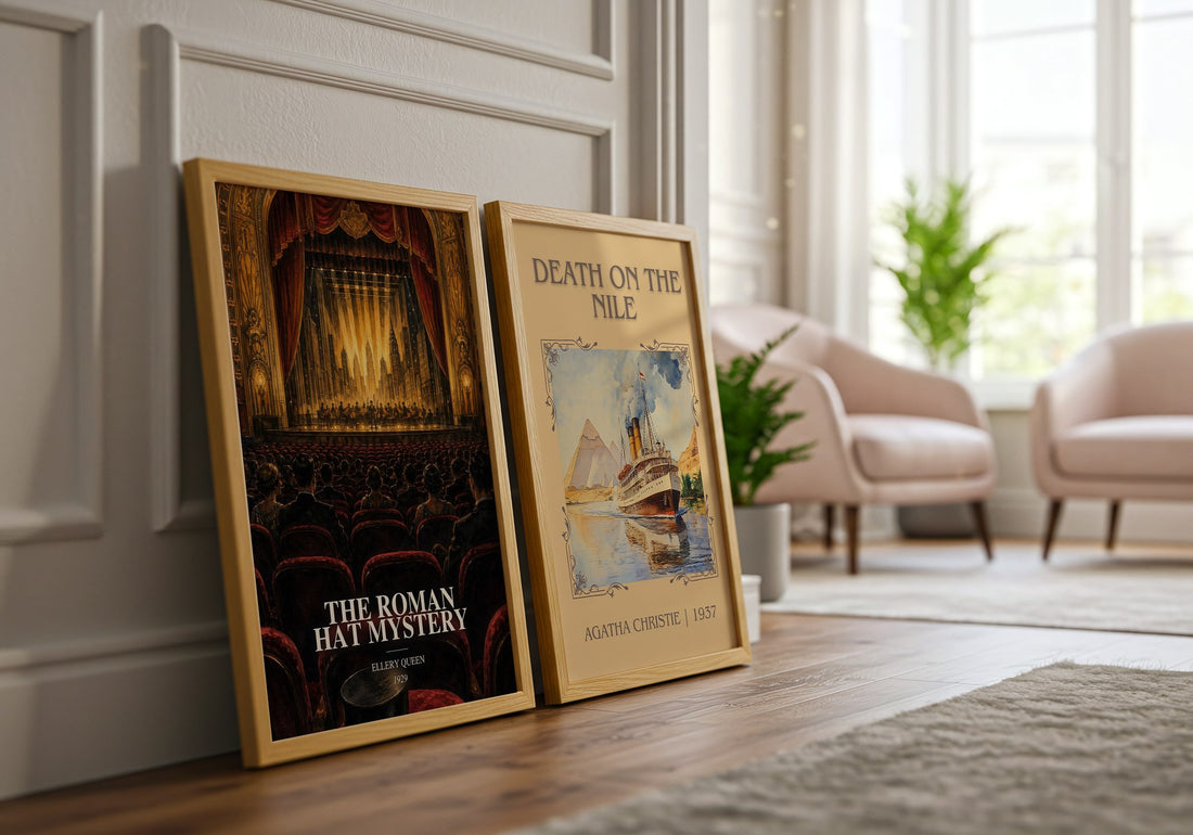 The Roman Hat Mystery watercolour print framed by window – literary home decor